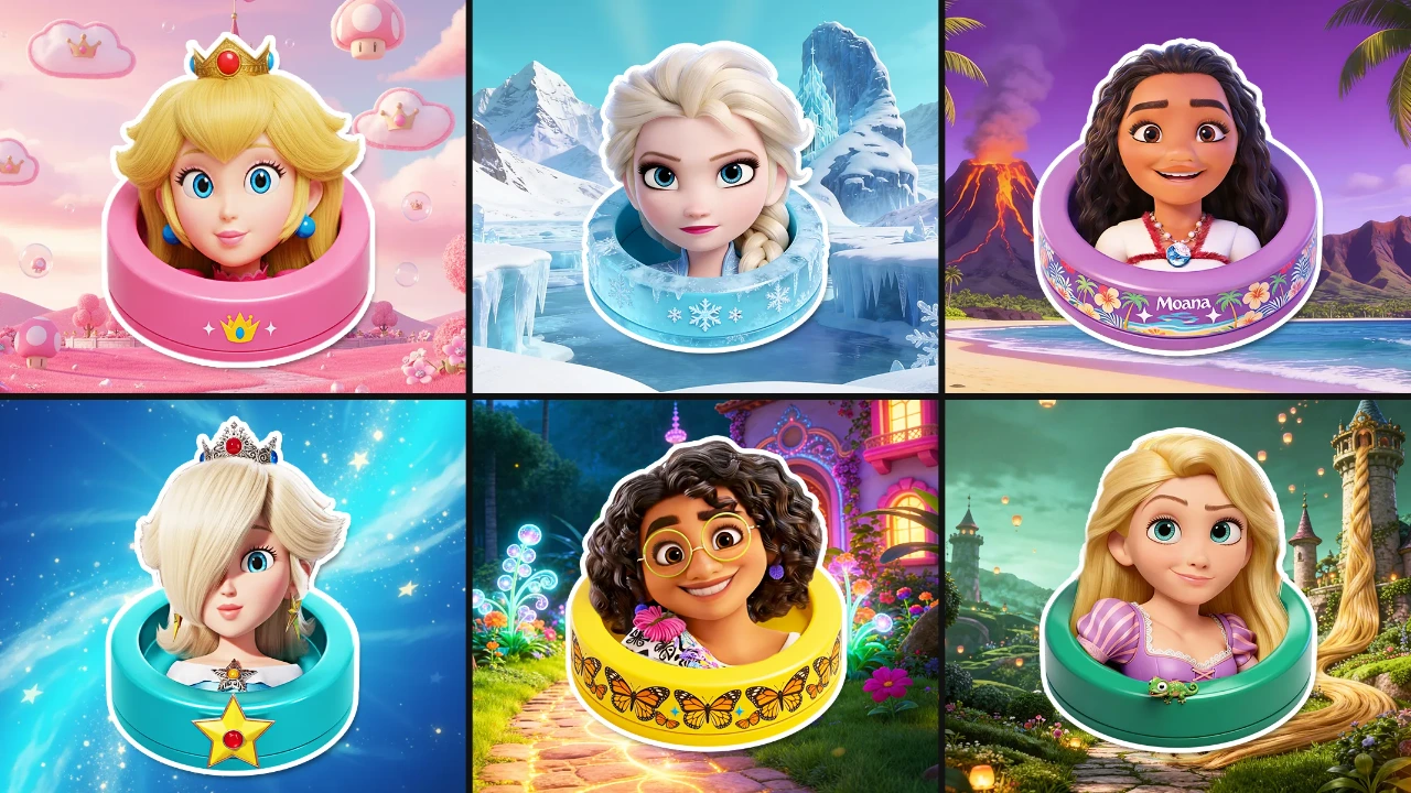 Choose One Button: Peach, Elsa, Moana, Rosalina, Mirabel, Rapunzel
